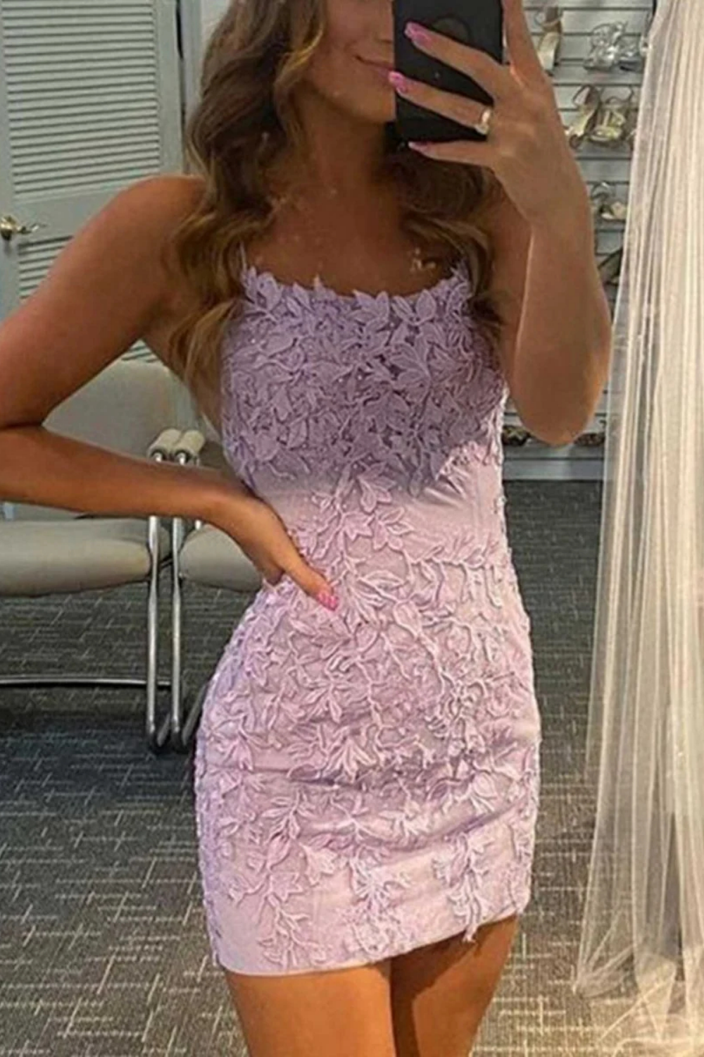 Lace Appliques Spaghetti Straps Lace-up Homecoming Dress in Lavender