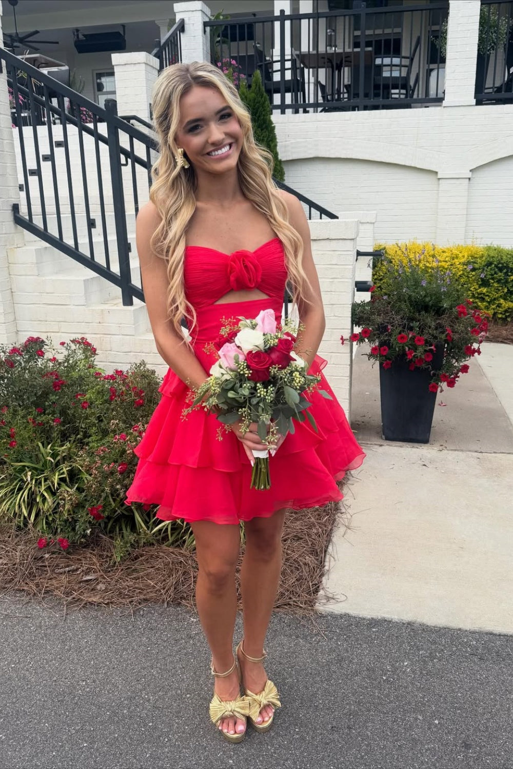 Bow A-line Ruffle Homecoming Dress with Keyhole in Red