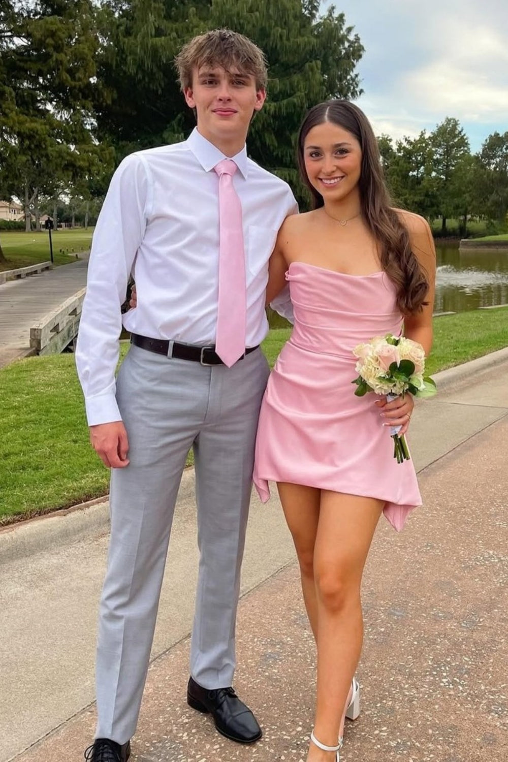 Pink Strapless Ruched Fitted Homecoming Dress