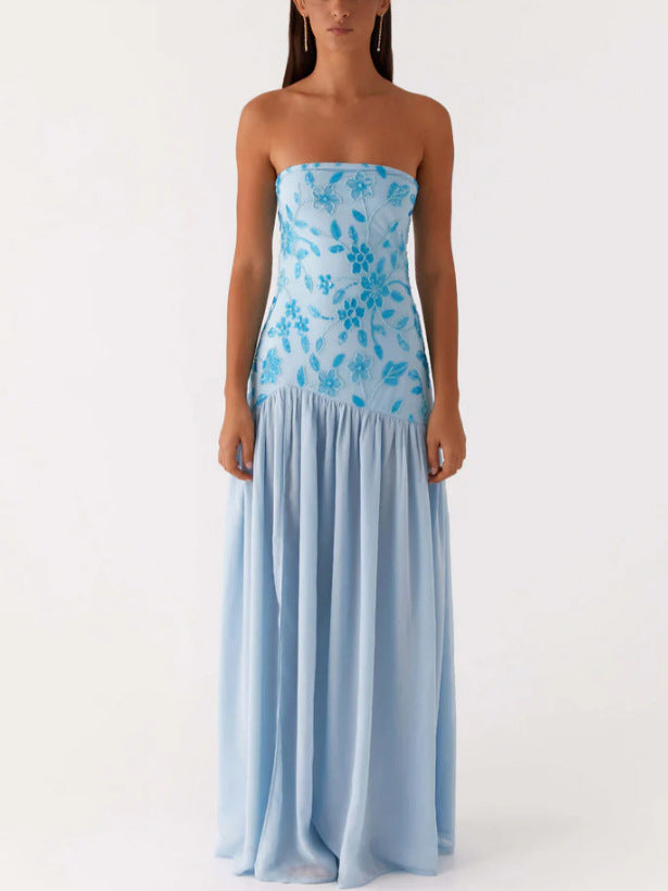 Beaded Green  Strapless Splicing Long Dress