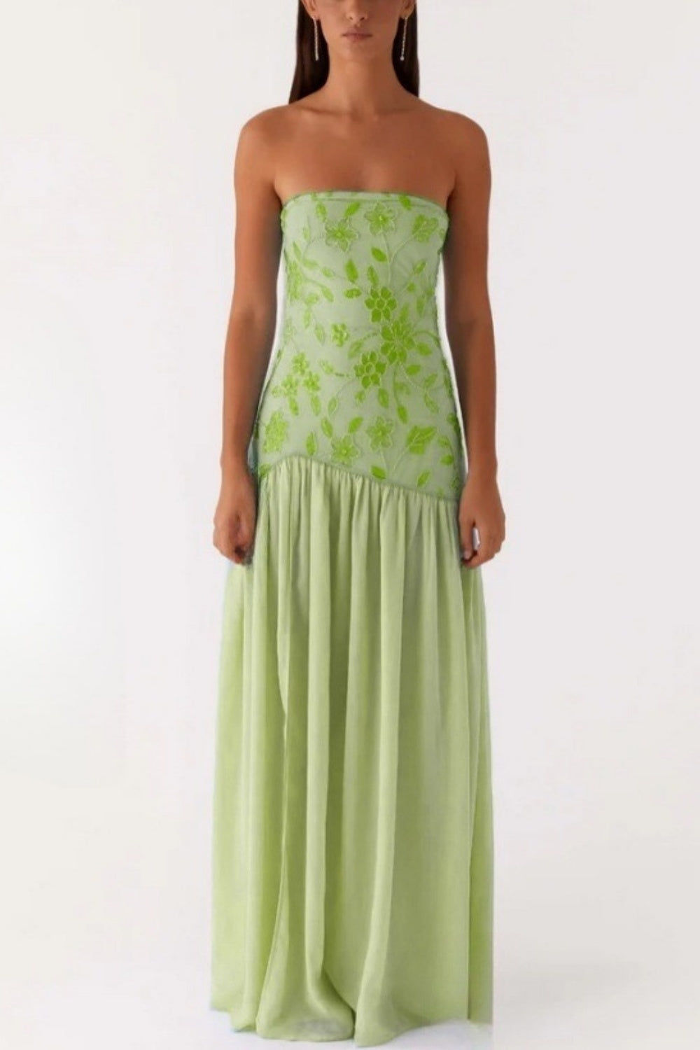 Beaded Green  Strapless Splicing Long Dress