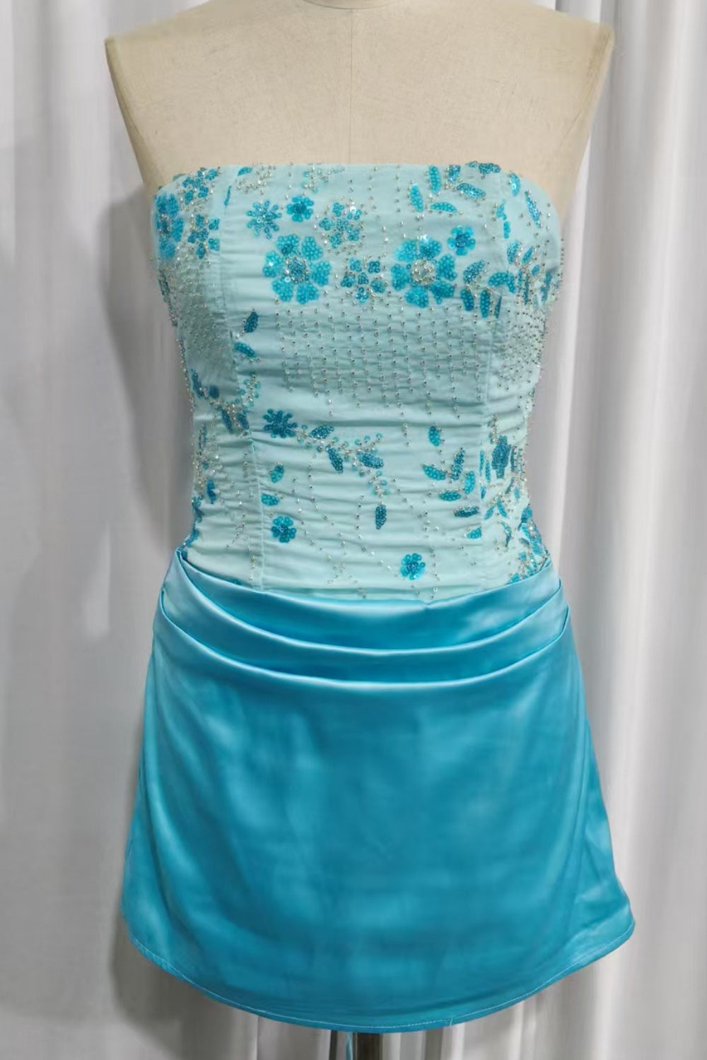 Blue Beaded Ruched Satin Lace-up Homecoming Dress