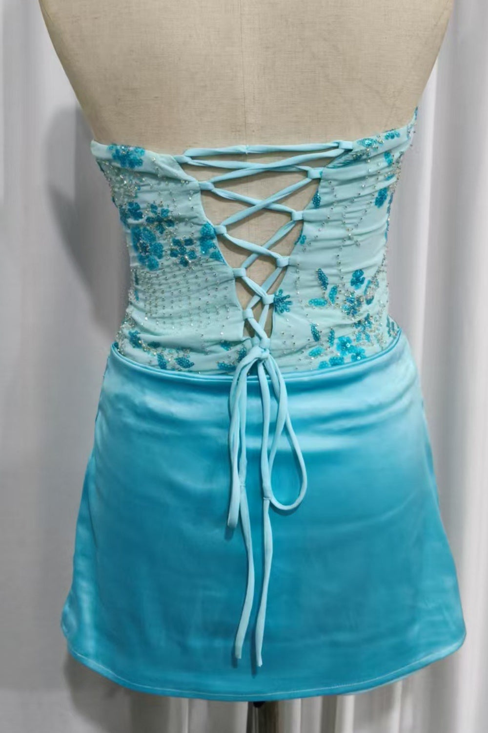 Blue Beaded Ruched Satin Lace-up Homecoming Dress