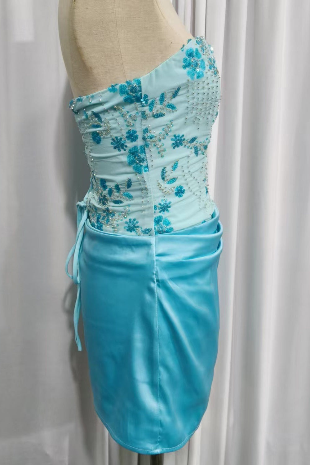 Blue Beaded Ruched Satin Lace-up Homecoming Dress