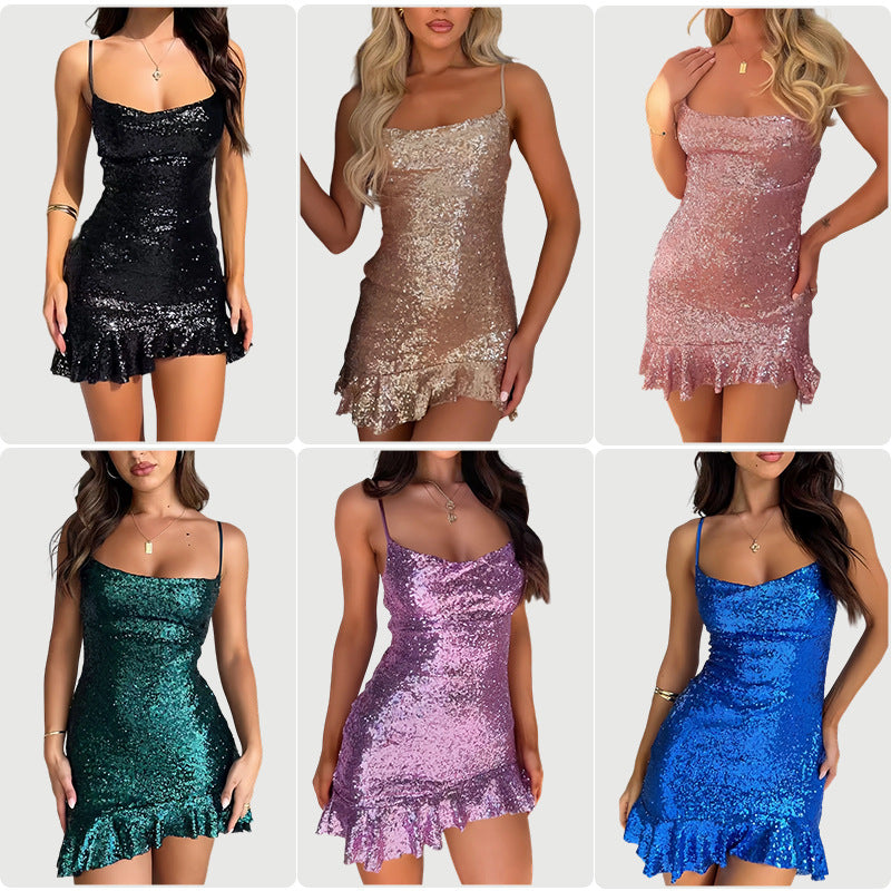 Purple Sequin Spaghetti Straps Fitted Homecoming Dress