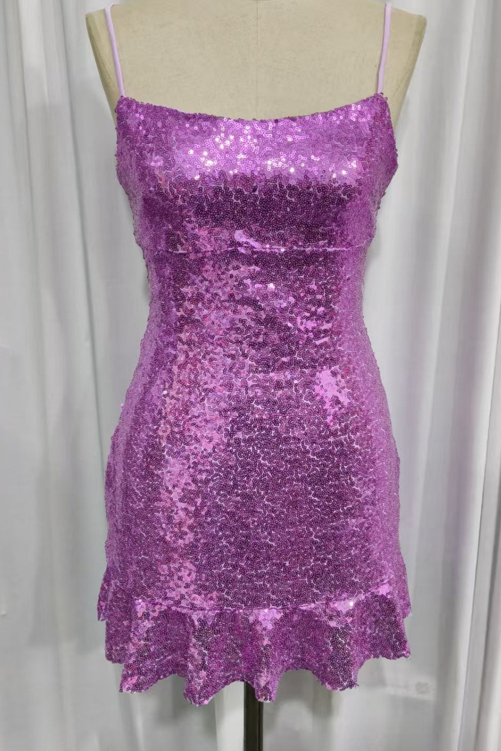 Purple Sequin Spaghetti Straps Fitted Homecoming Dress