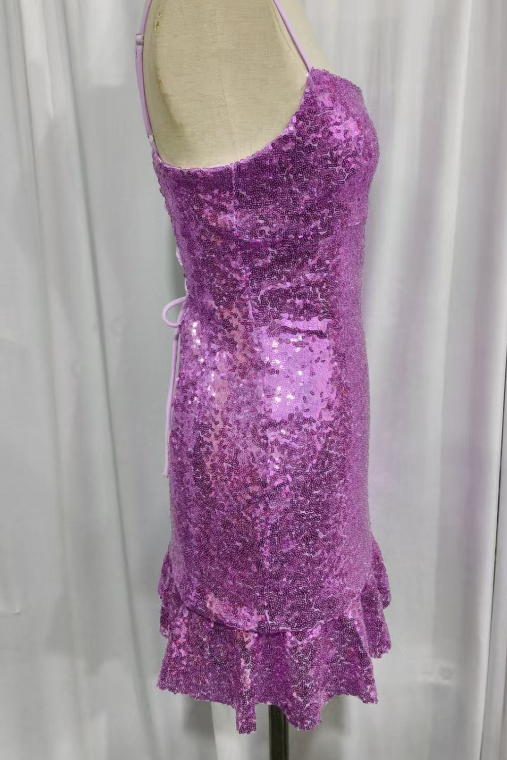 Purple Sequin Spaghetti Straps Fitted Homecoming Dress