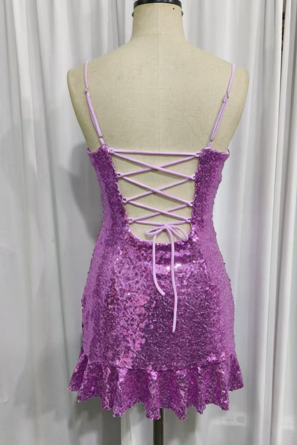 Purple Sequin Spaghetti Straps Fitted Homecoming Dress