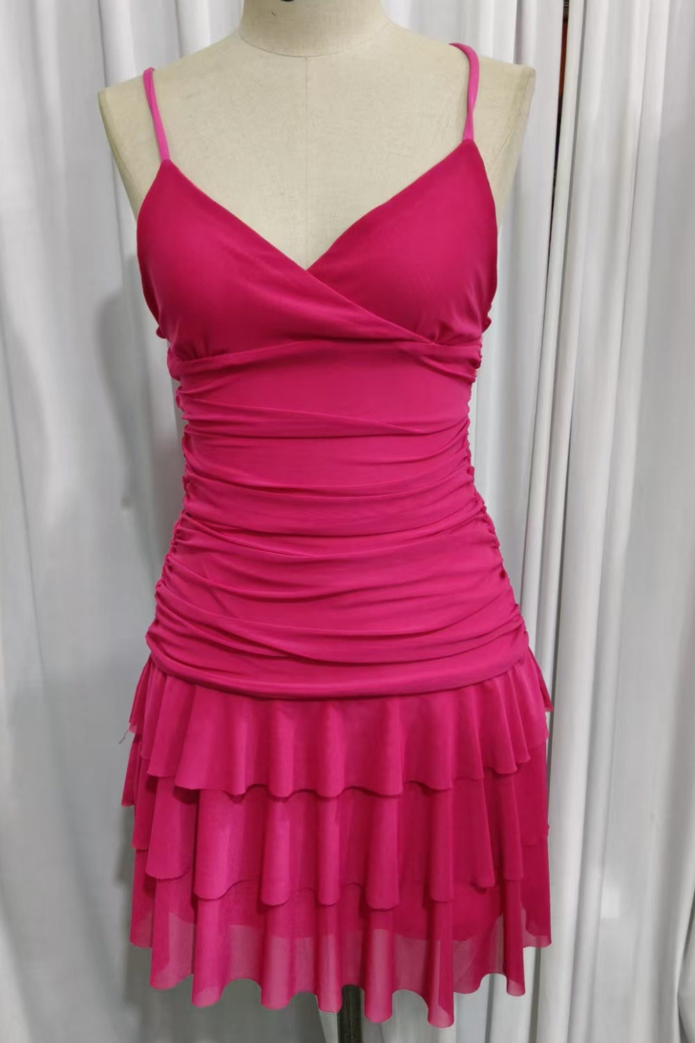 Fuchsia Spaghetti Straps Ruched Ruffle Homecoming Dress