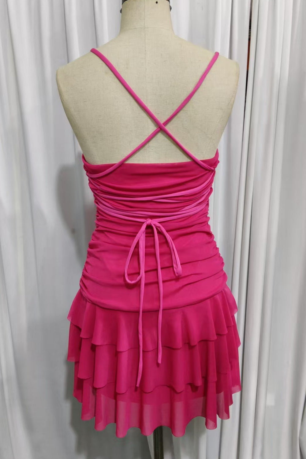Fuchsia Spaghetti Straps Ruched Ruffle Homecoming Dress