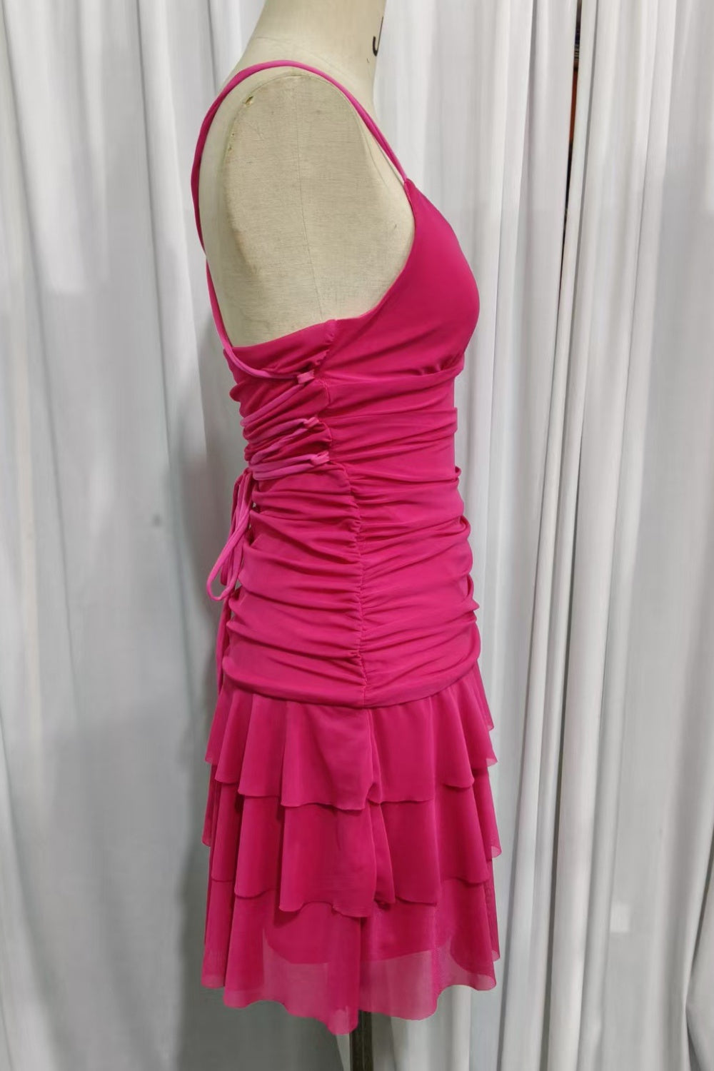 Fuchsia Spaghetti Straps Ruched Ruffle Homecoming Dress
