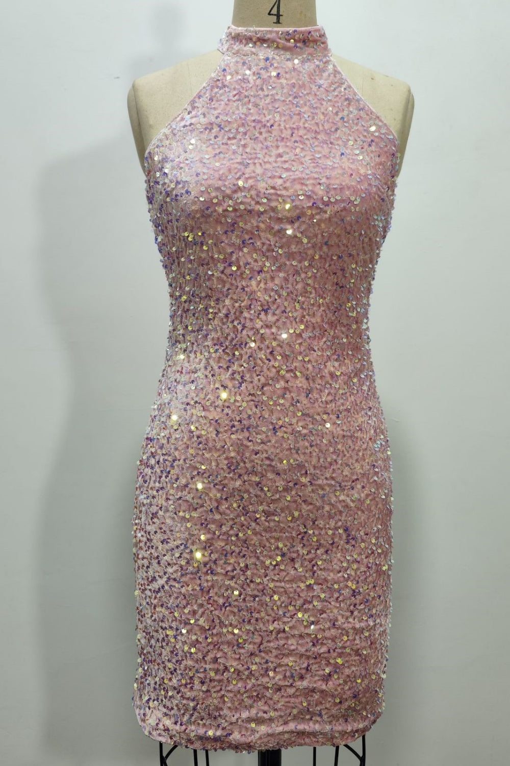 Sequin Pink Halter Fitted Homecoming Dress