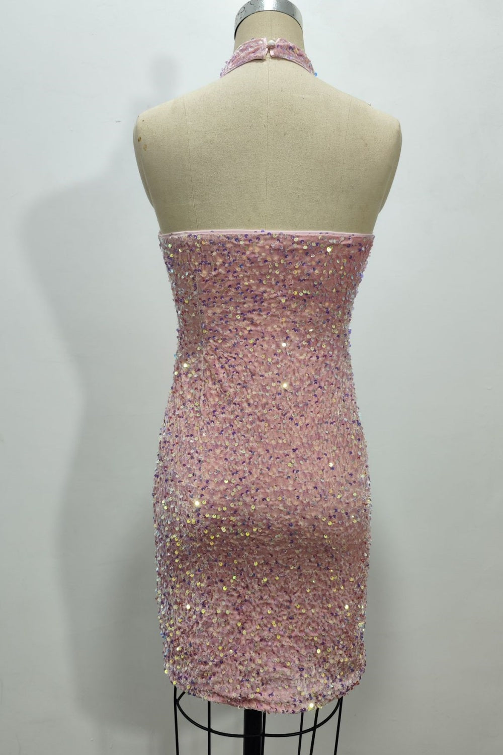Sequin Pink Halter Fitted Homecoming Dress
