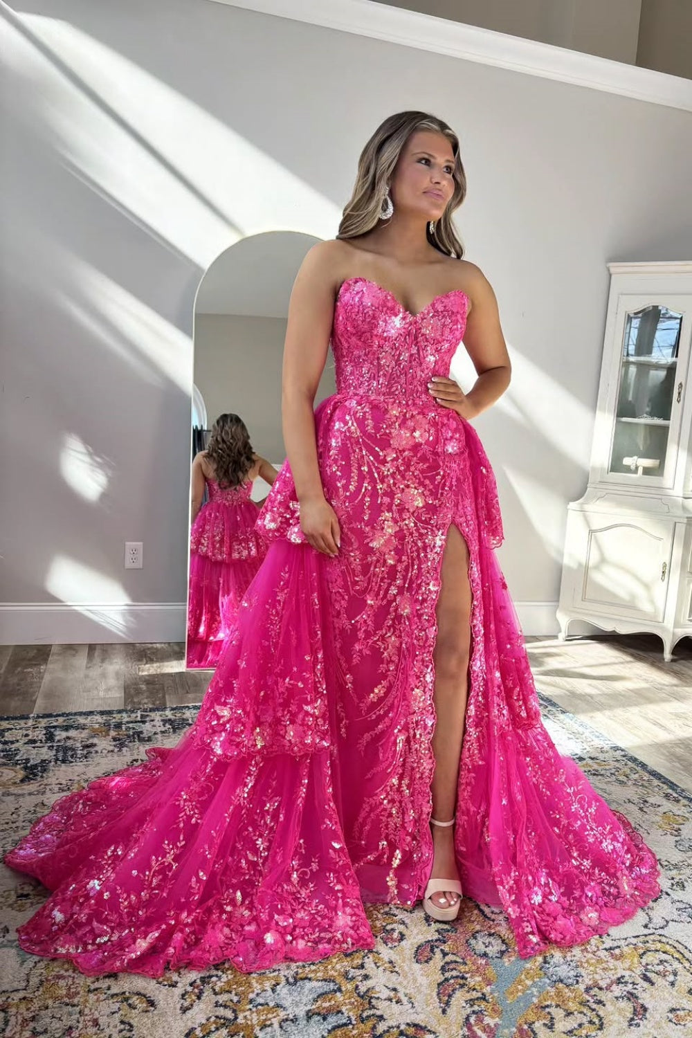 strapless open back dress Bright Pink A-line Ruffle Sequin Sweetheart Prom Dress with Slit – Tailordea
