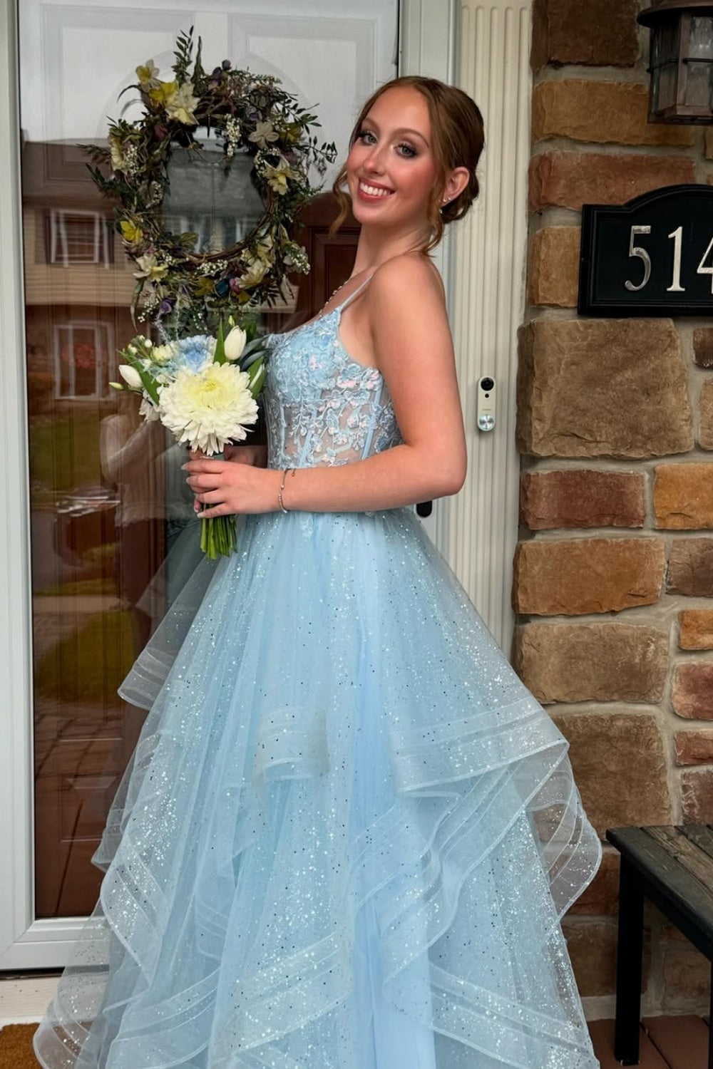 Lace Appliques Tulle Light Blue Sequin Illusion Prom Dress Tailordea Lace Appliques Tulle Light Blue Sequin Illusion Prom Dress Tailordea