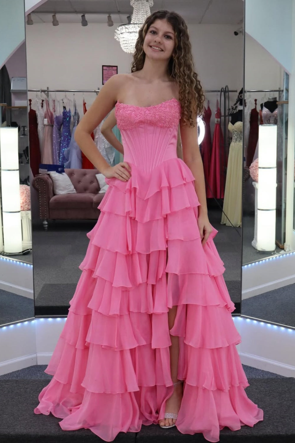 Strapless Pink Beaded A-line Ruffle Gown Chiifon with Slit Tailordea Strapless Pink Beaded A-line Ruffle Gown Chiifon with Slit Tailordea