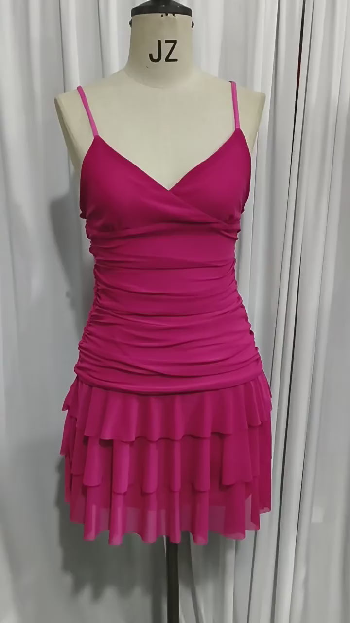 Fuchsia Spaghetti Straps Ruched Ruffle Homecoming Dress