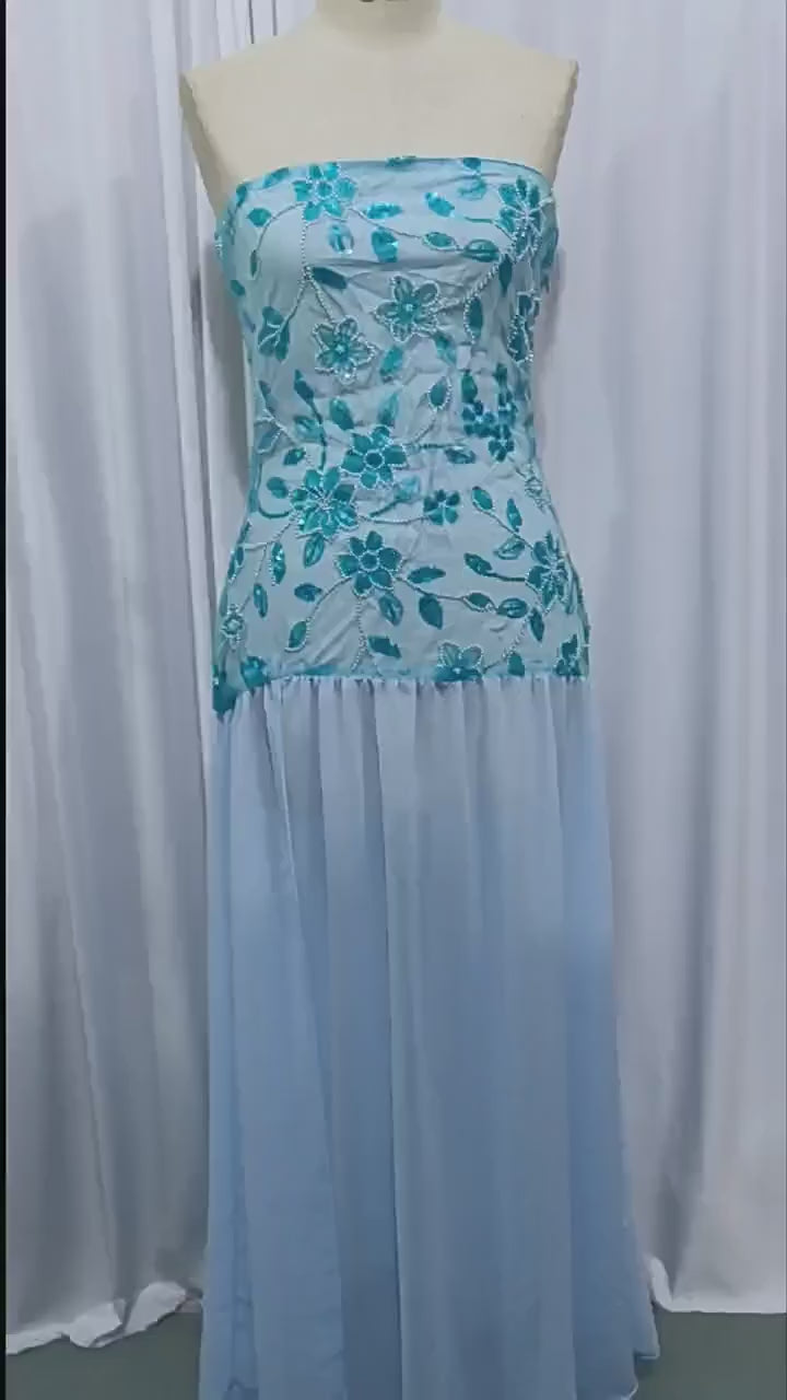 Beaded Green  Strapless Splicing Long Dress