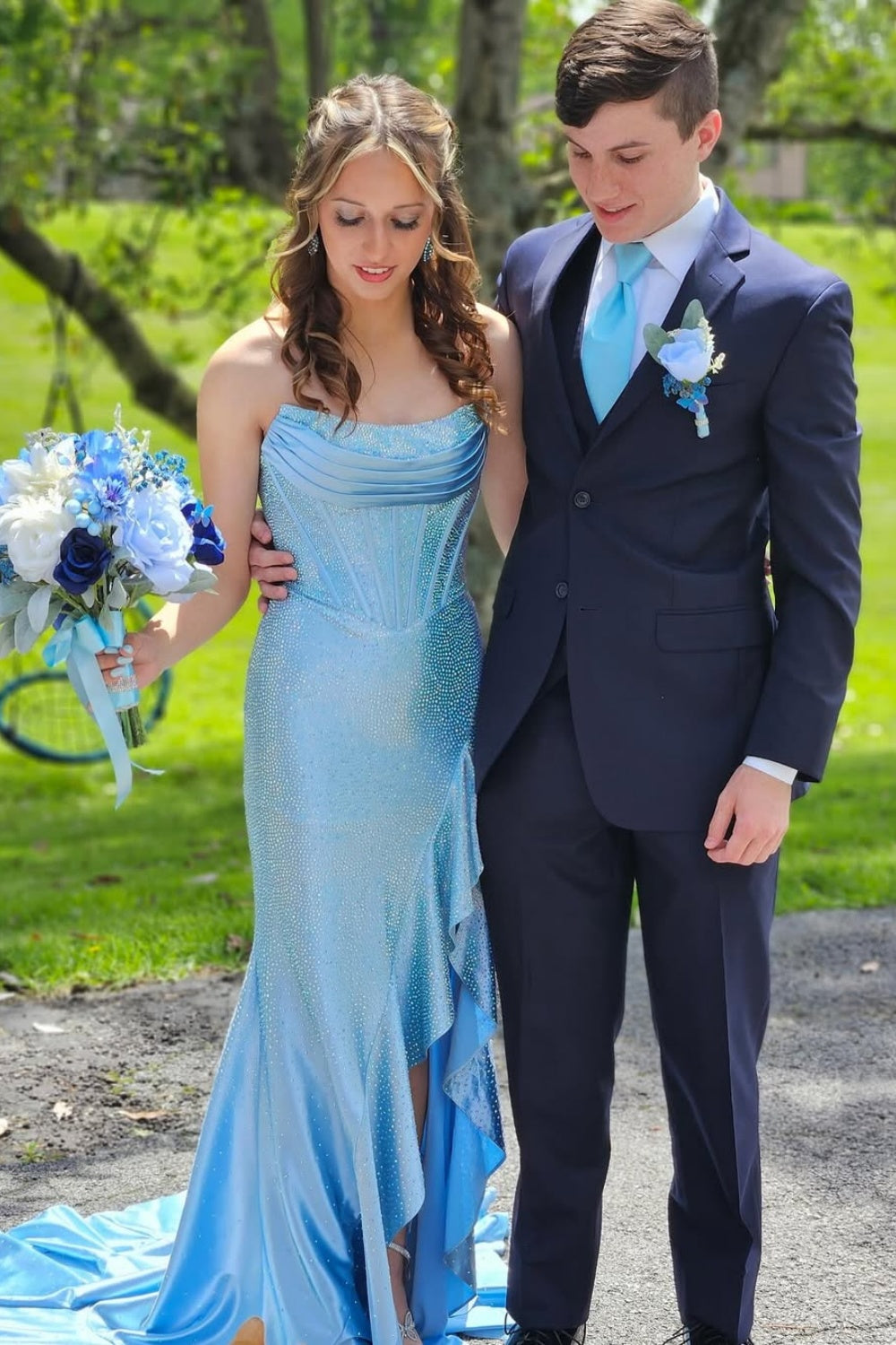 Blue Strapless Beaded Ruffle Fitted Long Prom Dress with Slit