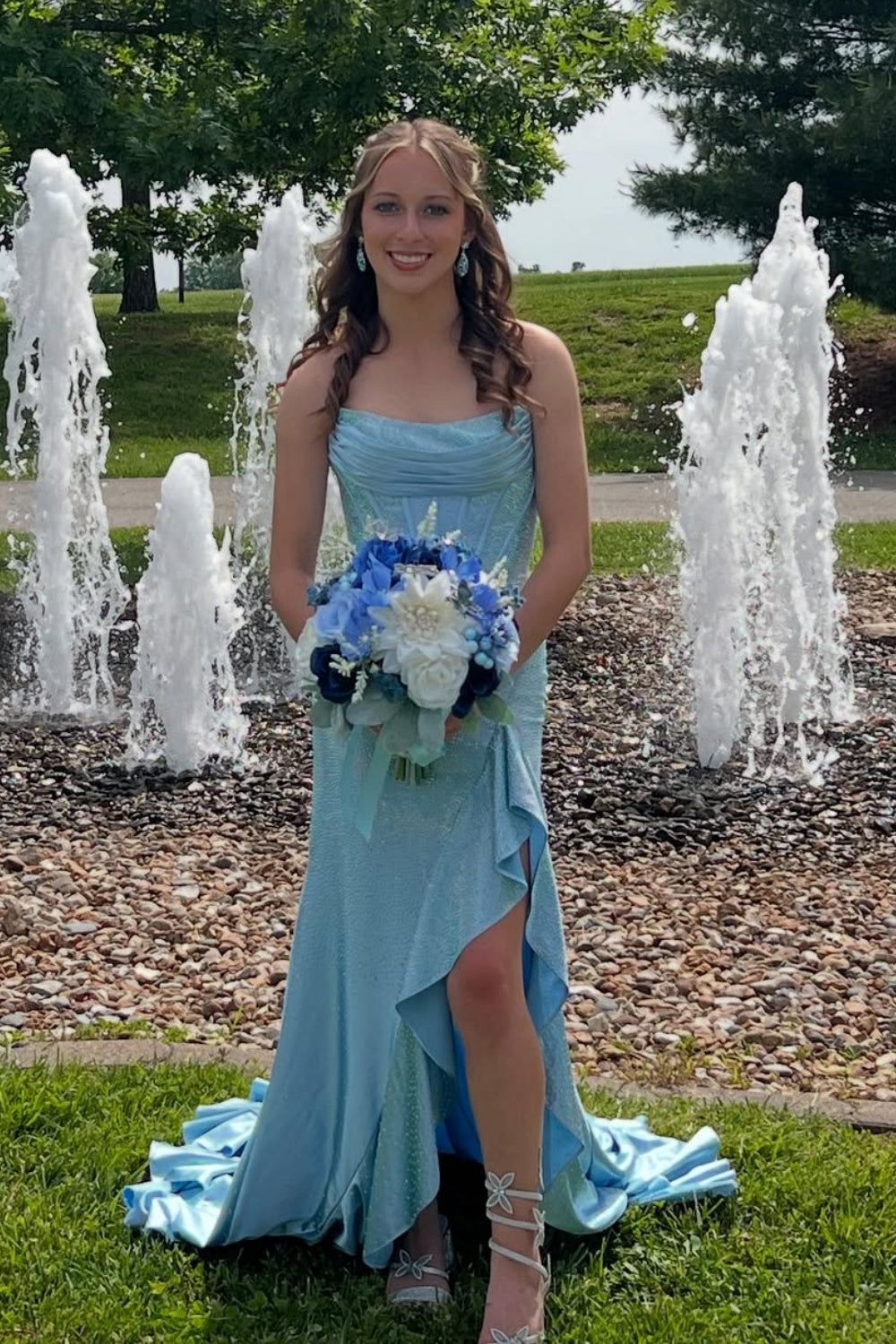 Blue Strapless Beaded Ruffle Fitted Long Prom Dress with Slit