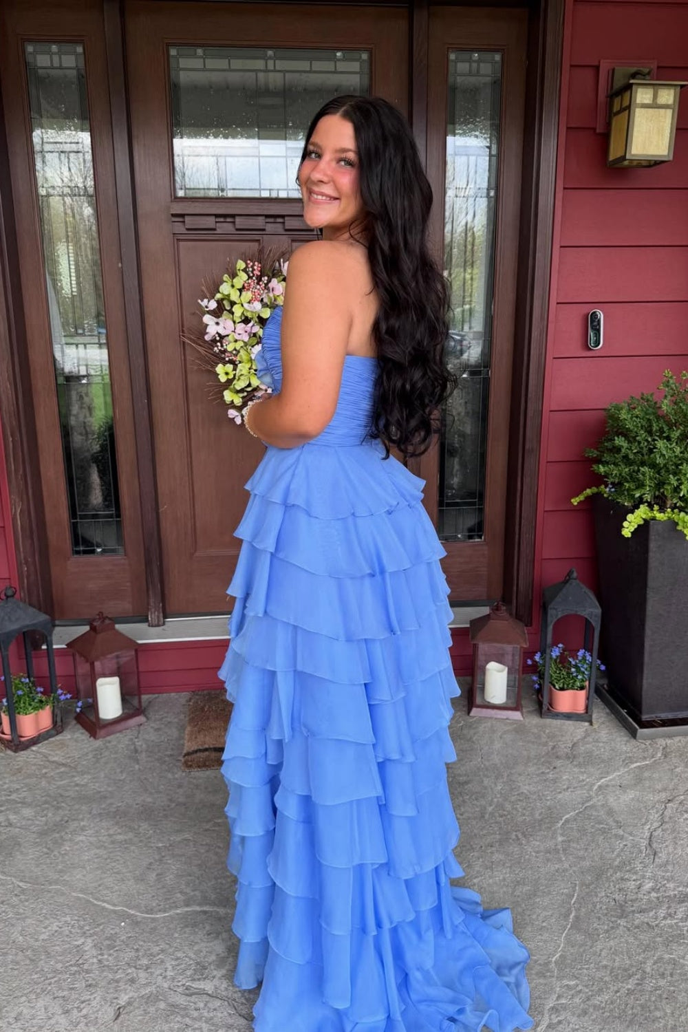 V-neck Ruffle Bow Chiffon Long Dress in Blue