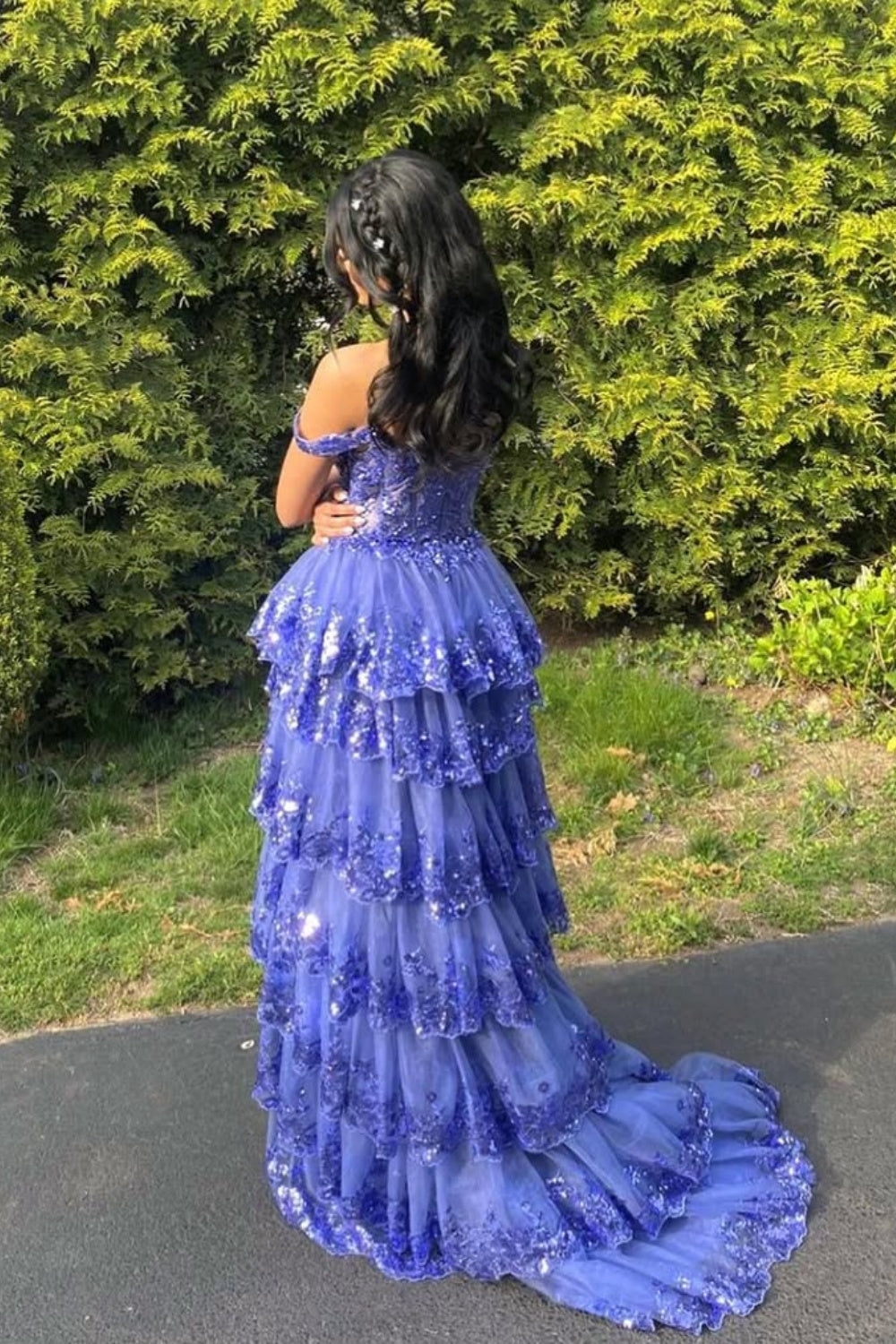 Purple Off-the-shoulder Sequin Ruffle Prom Dress
