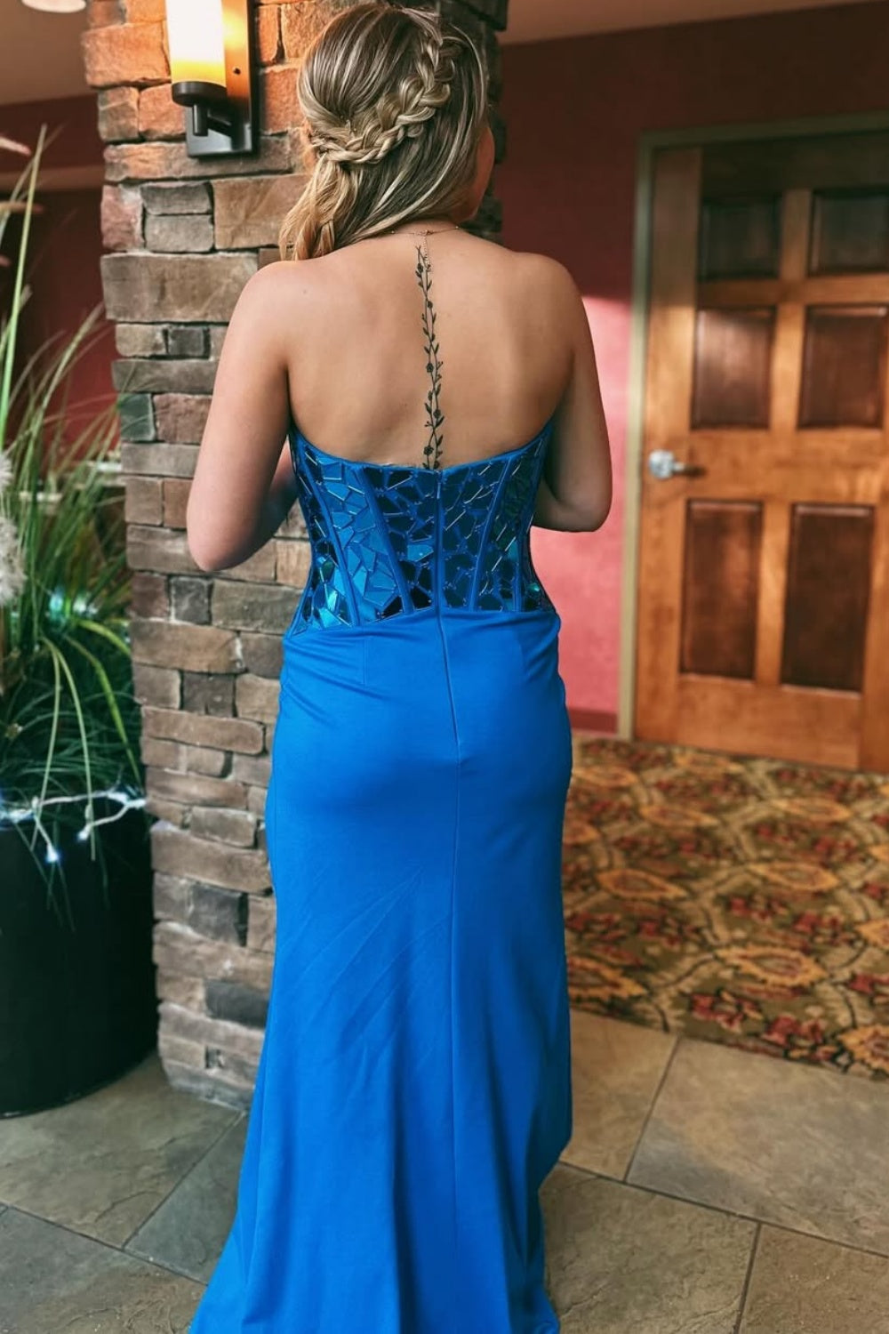 Strapless Navey Blue Mirror Mermaid with Slit