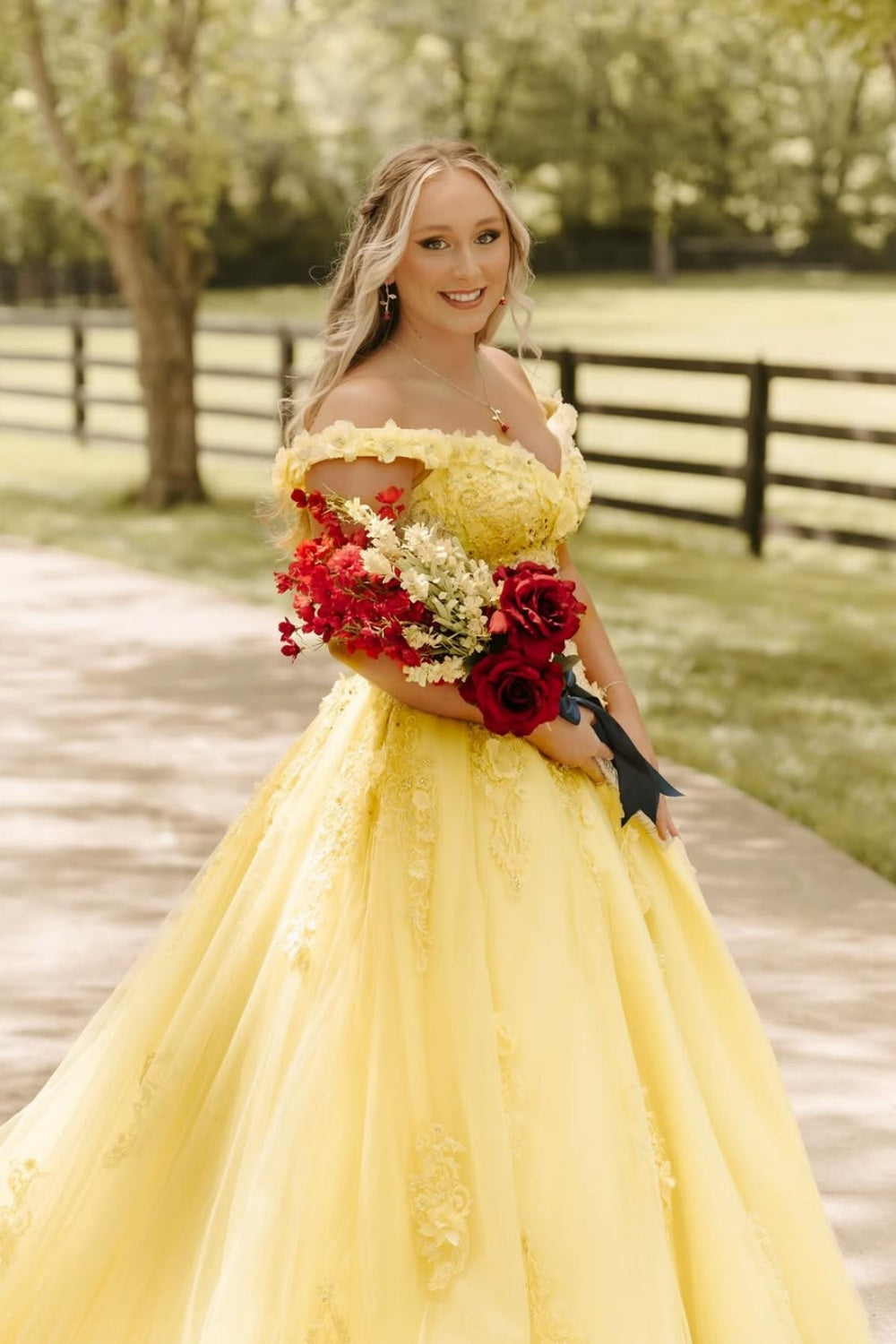 Yellow Off-the-shoulder Lace Applique Lace-up Prom Dress