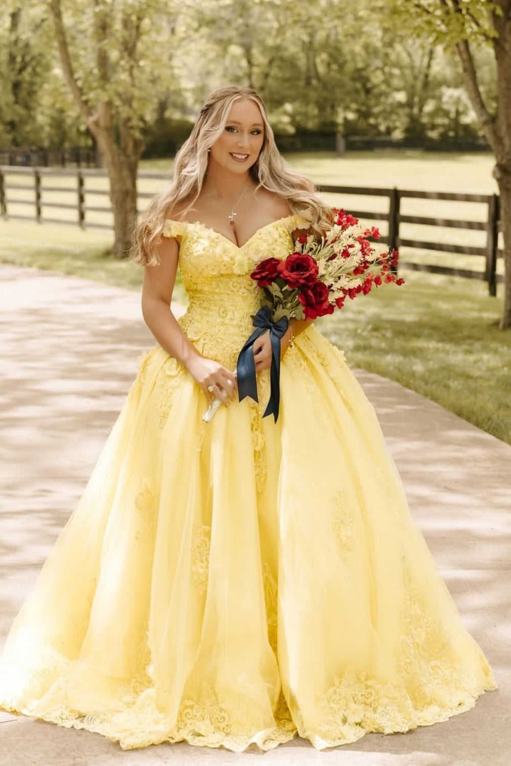 Yellow Off-the-shoulder Lace Applique Lace-up Prom Dress