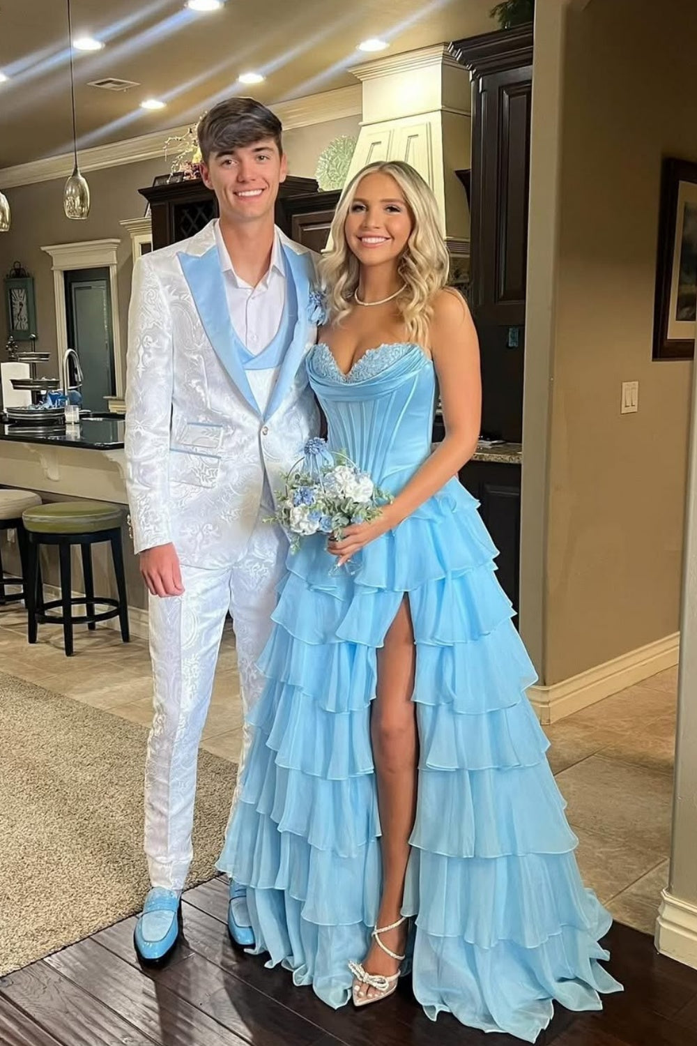 Ruffle Sweetheart Lace Ruched Prom Dress with Slit in Blue