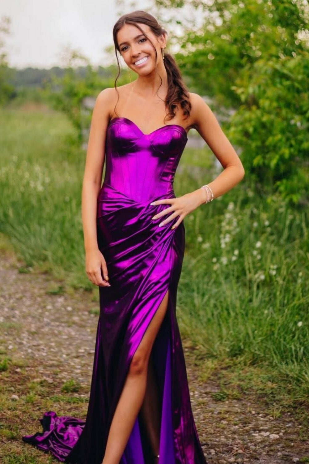 Sweetheart Metallic Ruched Prom Dress with Slit in Purple
