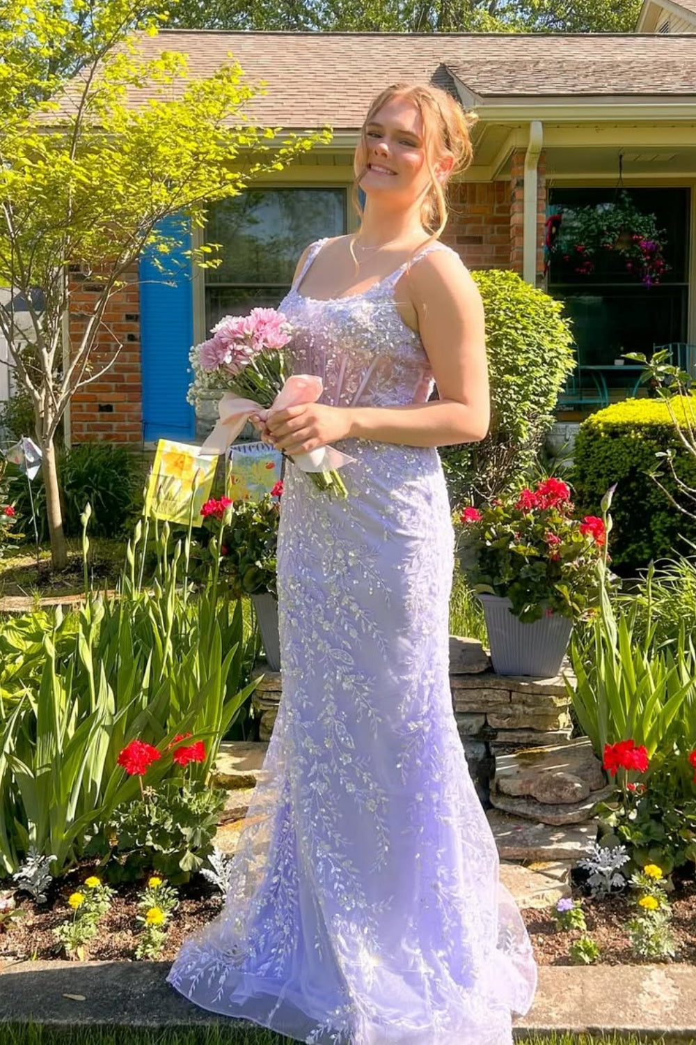 Mermaid Straps Lace Applique Sequin Prom Dress in Lavender