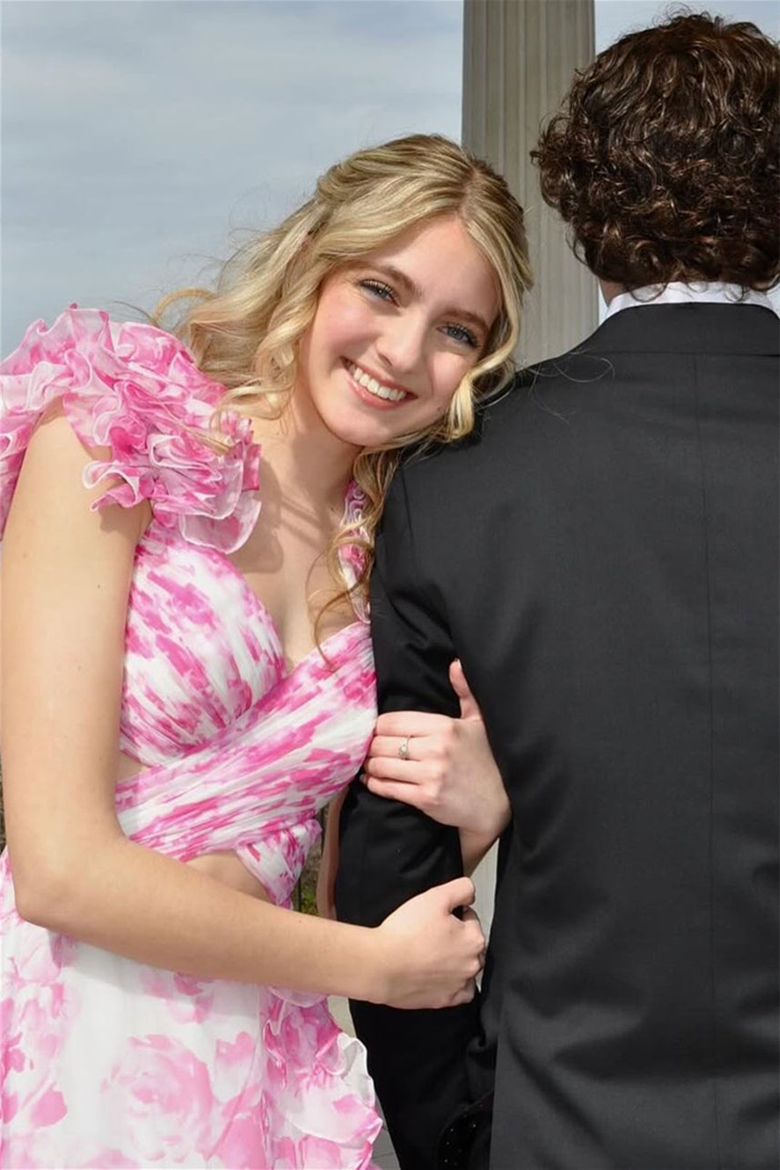 Ruffle Straps Floral Print Hollowed-out Prom Dress in Pink