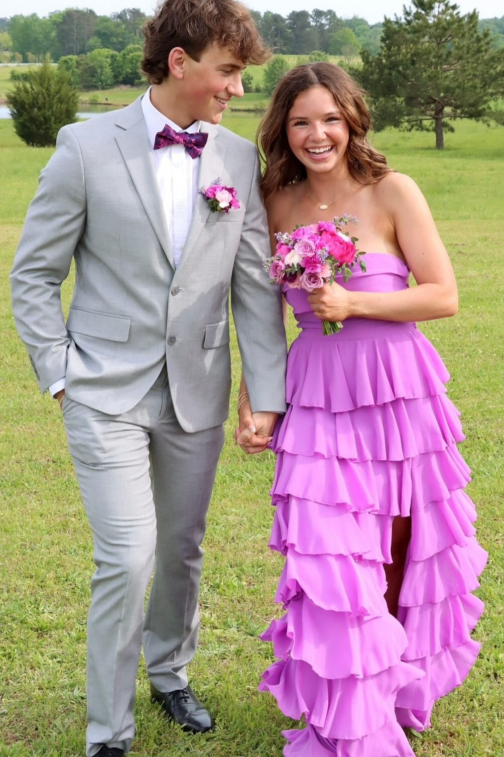 Strapless A-line Ruffle Lace-up Back Prom Dress in Purple