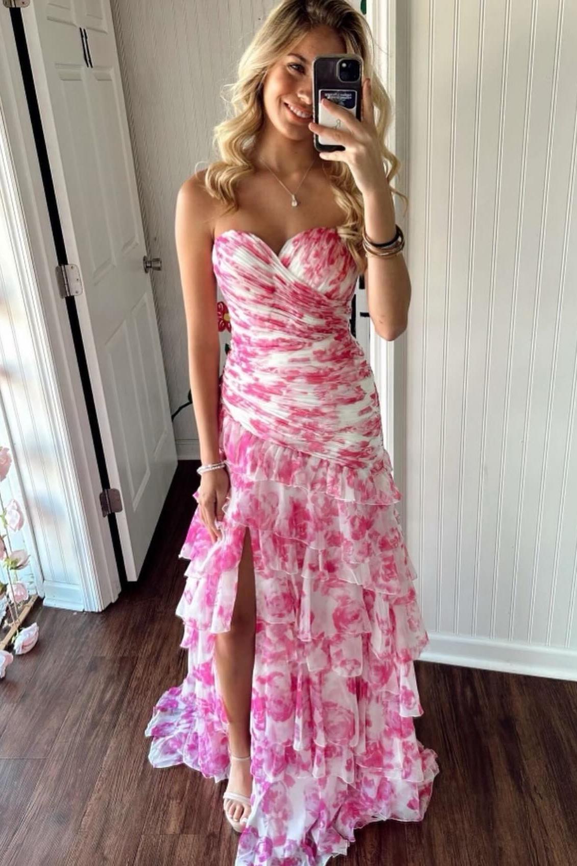 Sweetheart A-line Ruffle Prom Dress in Blue Floral