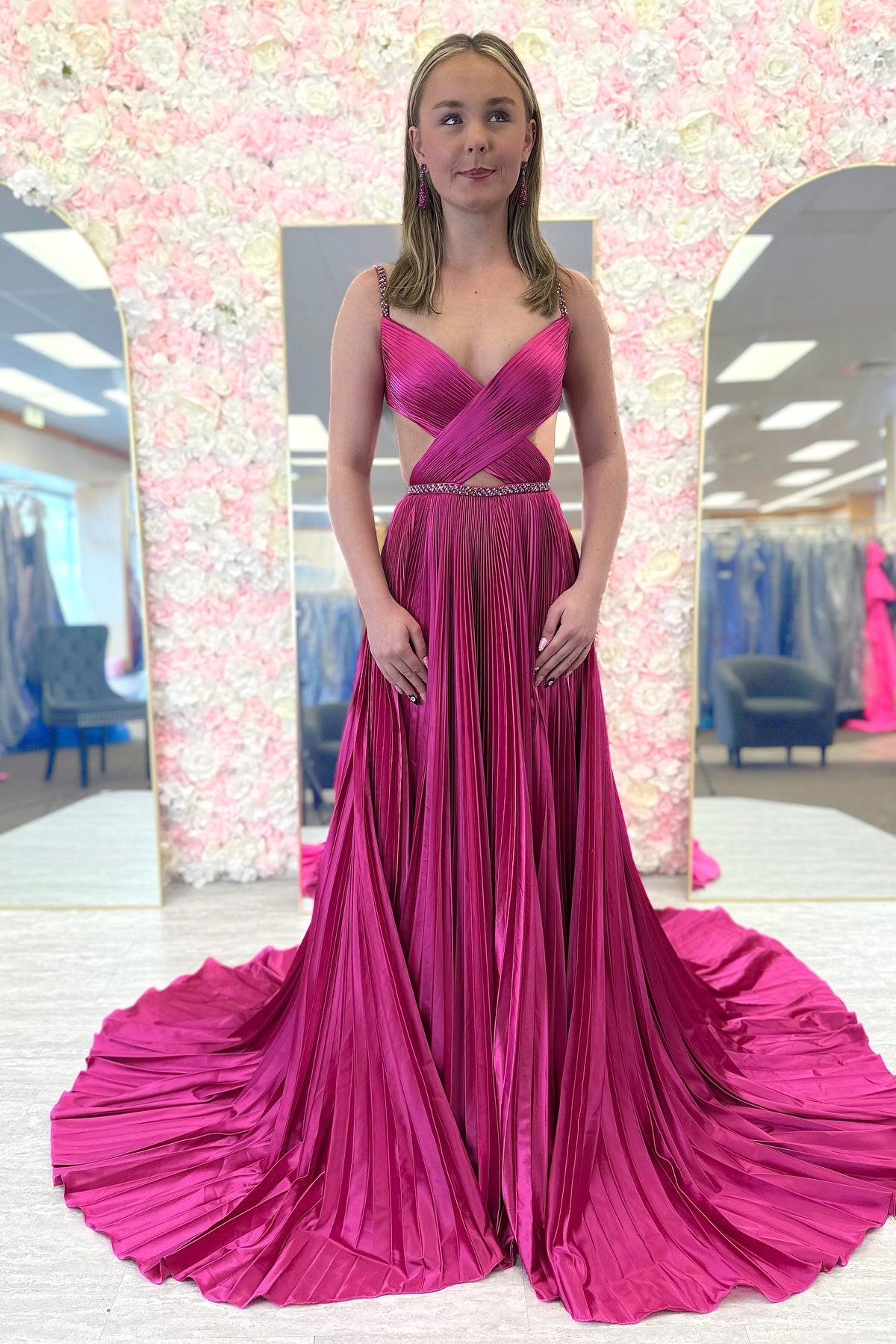 Metallic Cross-criss Pleated A-line Prom Dress in Fuchsia