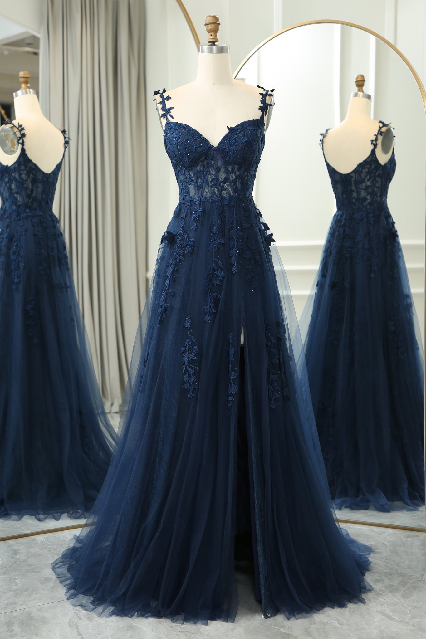 Lace Applique A-line Prom Dress with Slit in Navy Blue