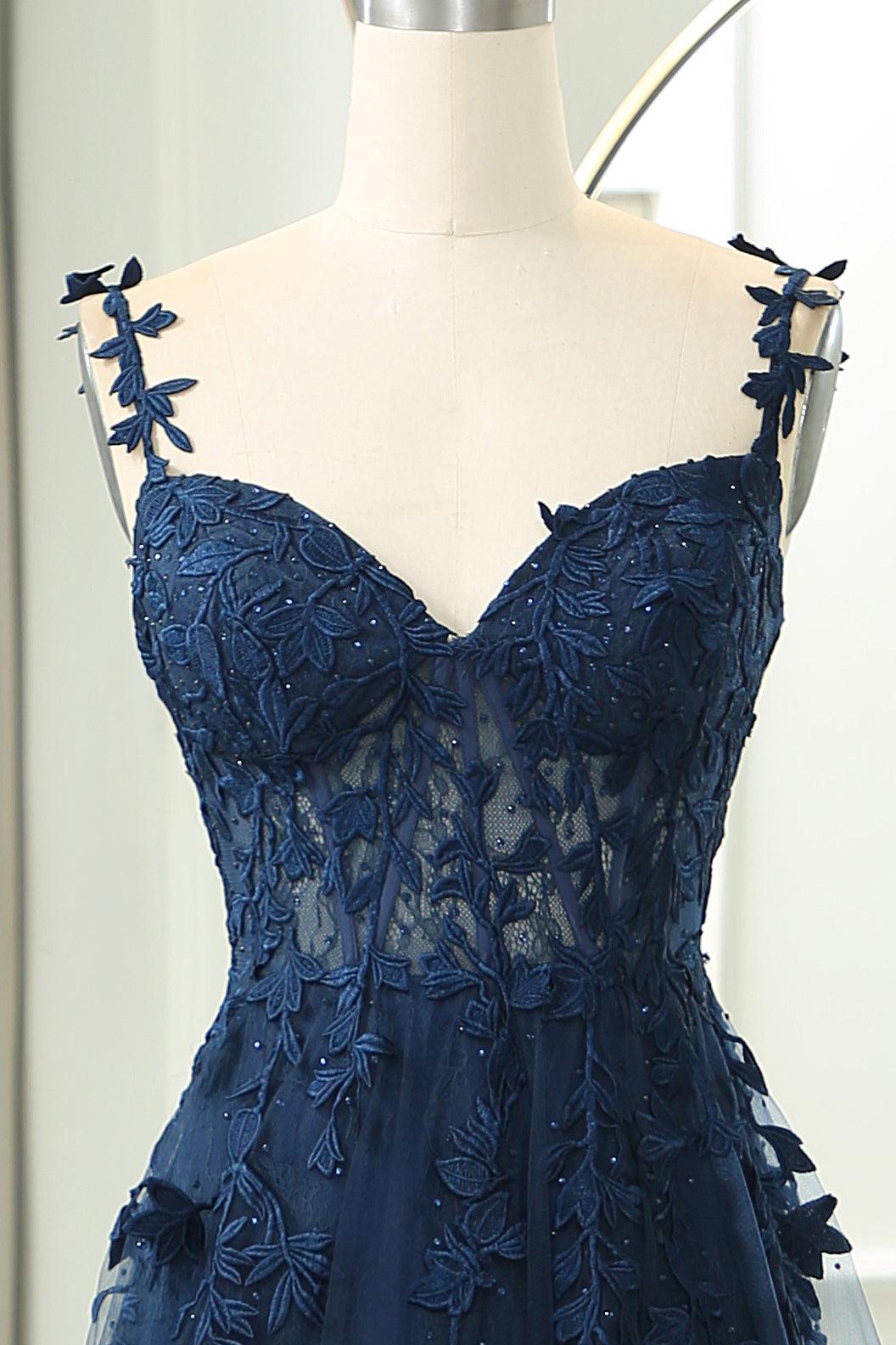 Lace Applique A-line Prom Dress with Slit in Navy Blue