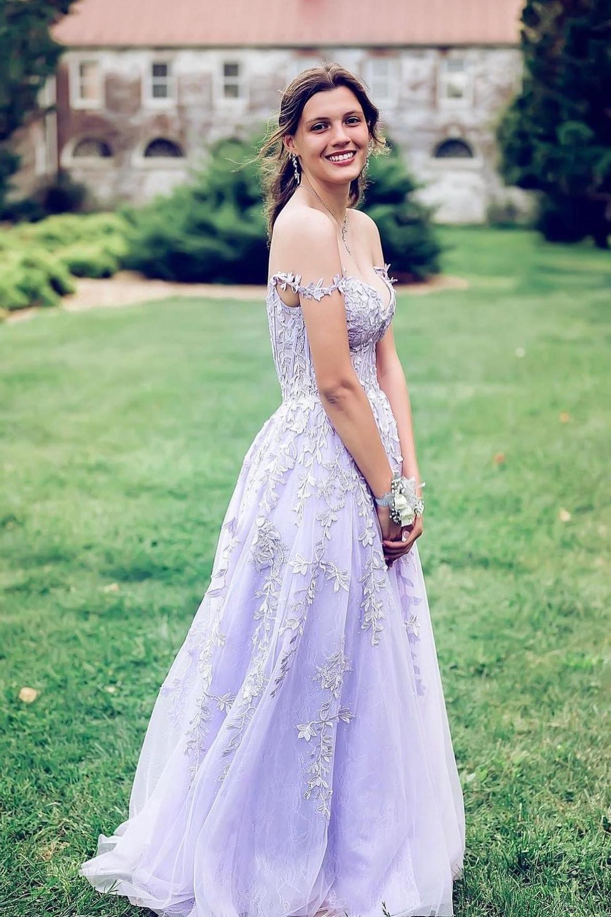 Lace Applique A-line Prom Dress with Slit in Navy Blue