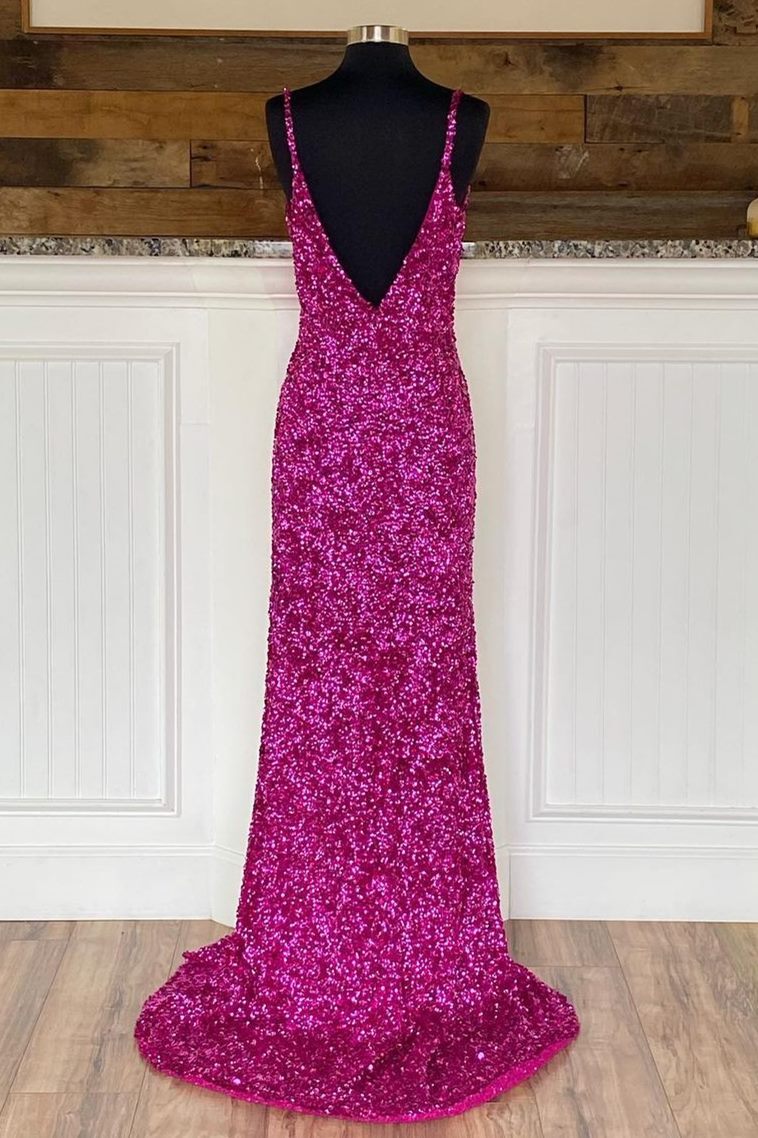 Sequin Spaghetti Strap Open Back A-line Prom Dress in Purple
