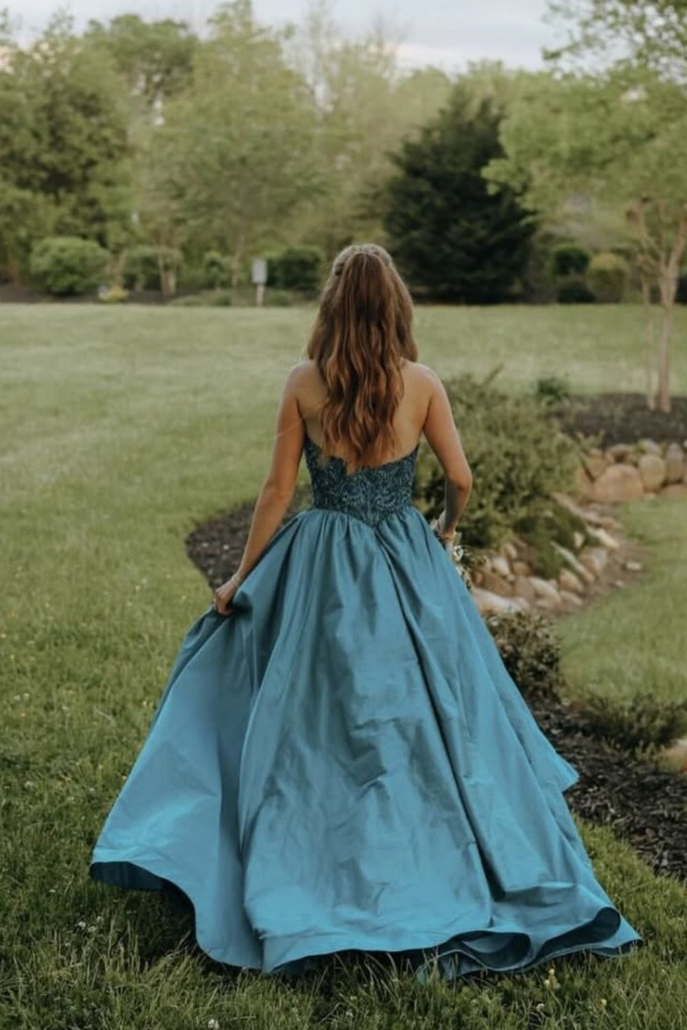 Beaded Strapless A-line Prom Dress in Blue