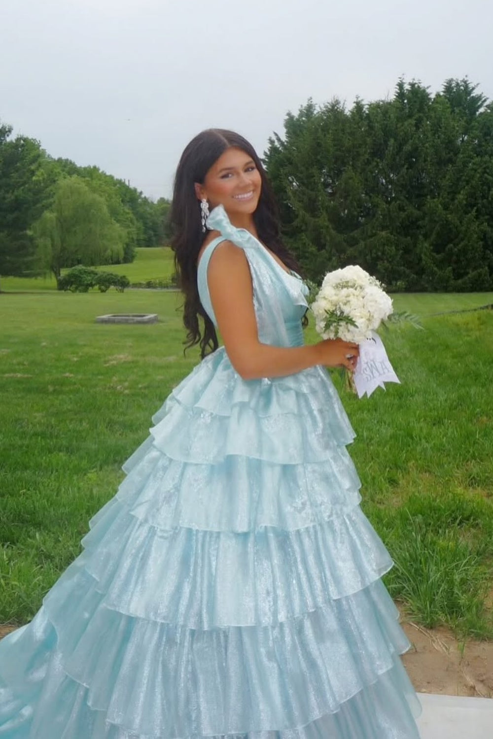 Bow Straps V-neck A-line Ruffle Prom Dress in Light Blue