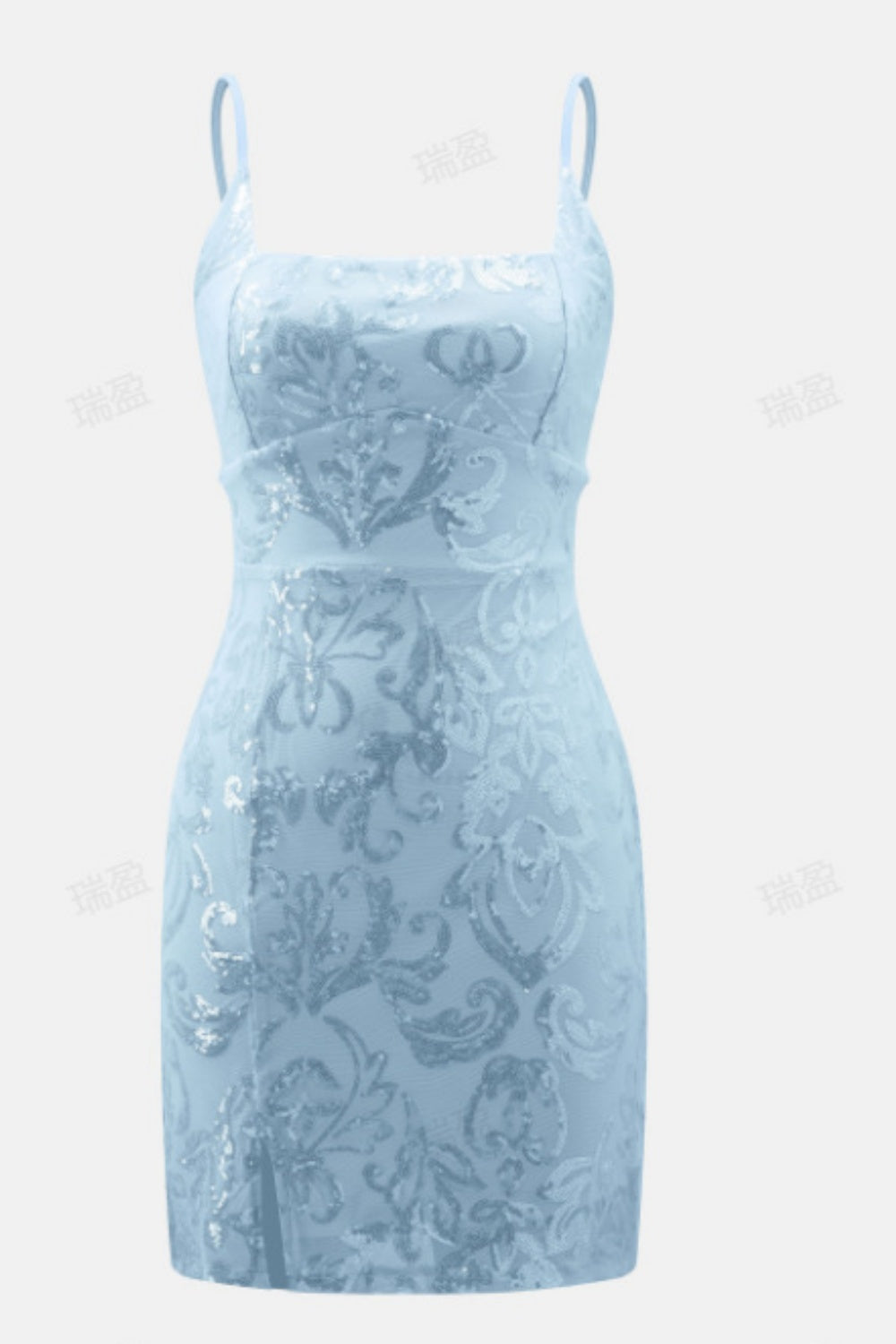 Square Neck Sequin Fitted Lace-up Back Homecoming Dress in Yellow