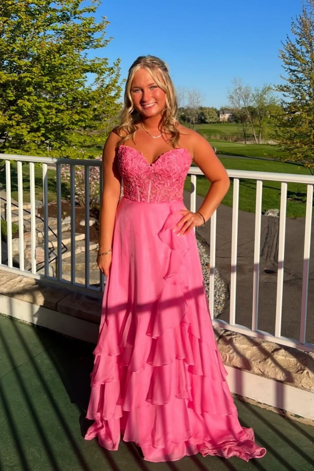 Lace Appliques Sweetheart A-line Ruffle Prom Dress in Pink