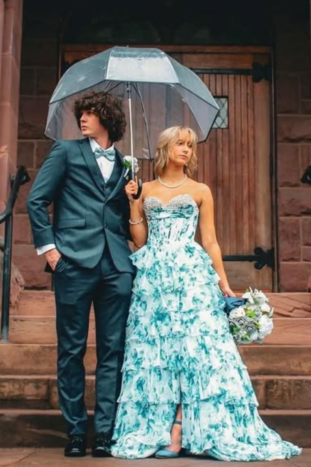 Beaded Sweetheart Ruched A-line Ruffle Prom Dress in Floral