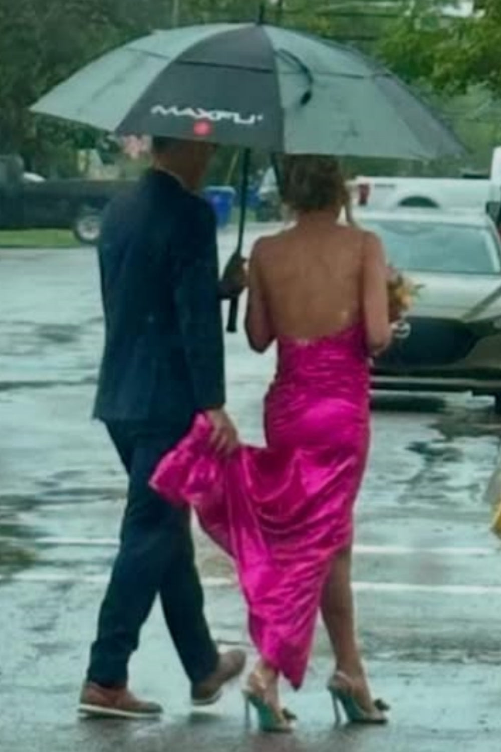 Spaghetti Straps Cut-out Mermaid Prom Dress with Bow in Fuchsia