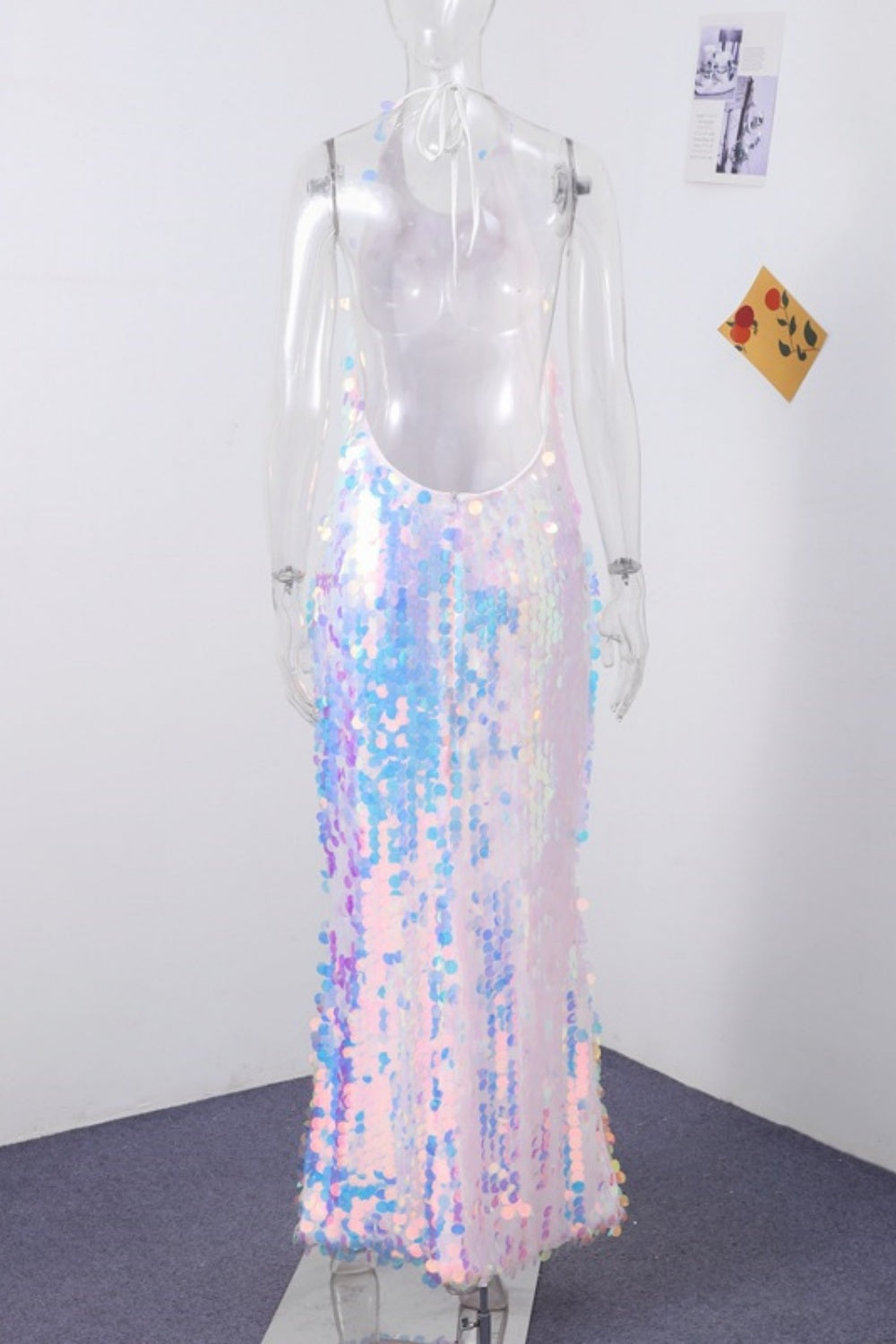 Sequin Halter Mermaid Holiday Dress in White