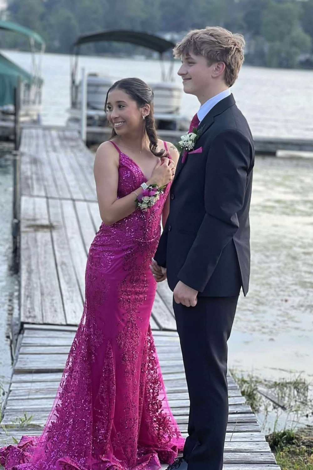 Sequin V-neck Mermaid Prom Dress in Fuchsia