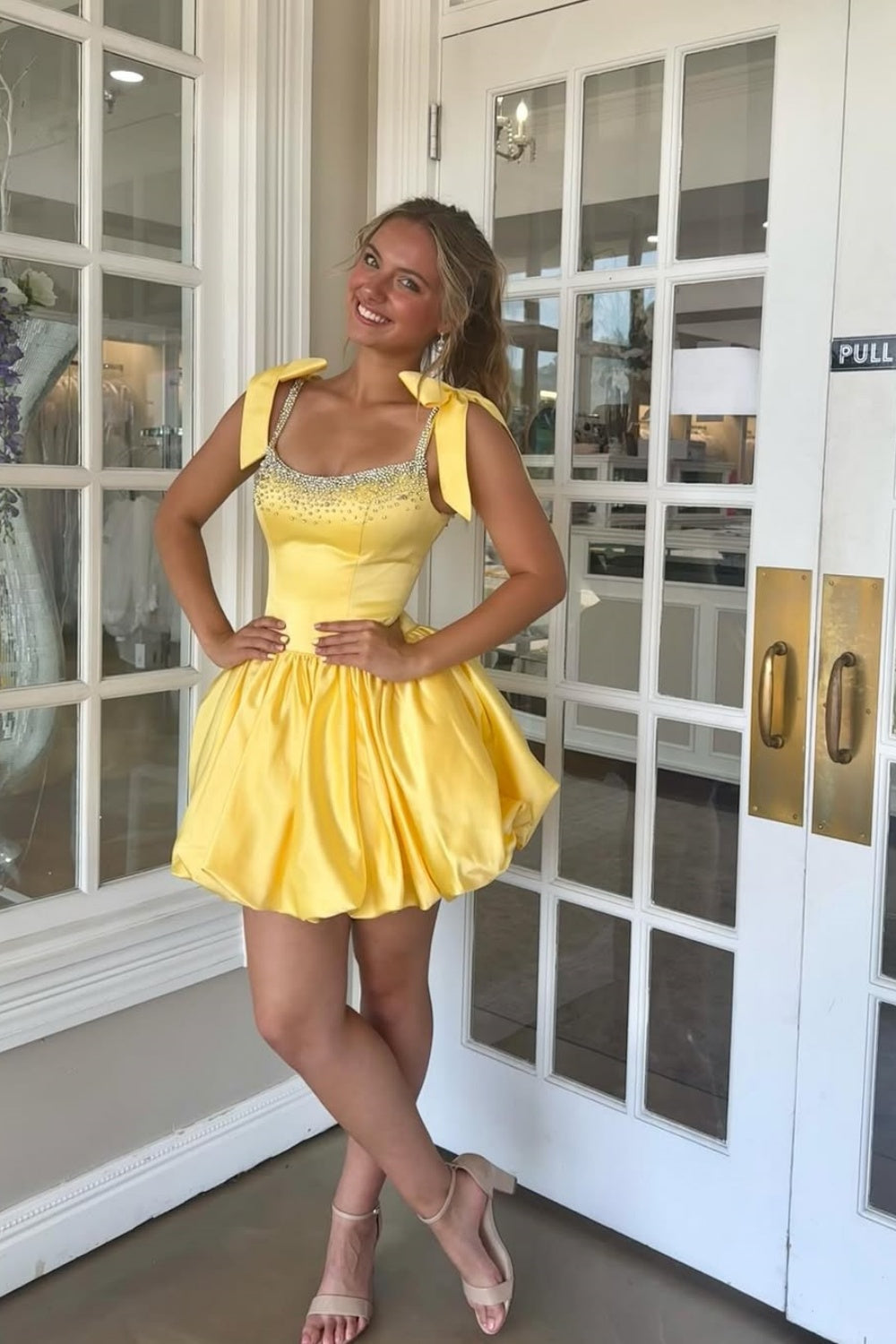 Bow Straps Beaded A-line Homecoming Dress in Yellow