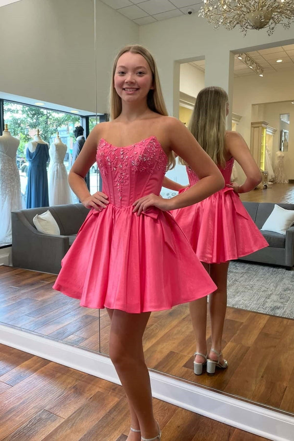 Strapless A-Line Ruched Dress with Bow in Pink